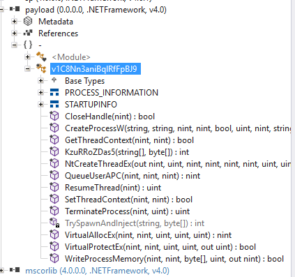 ILSpy view of the managed loader’s imported methods and injection functions
